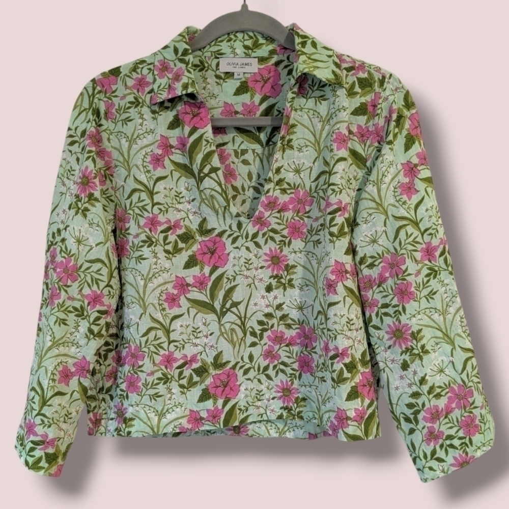 Olivia James The Label Green Pink Floral 100% Linen Long Sleeve Cropped Top